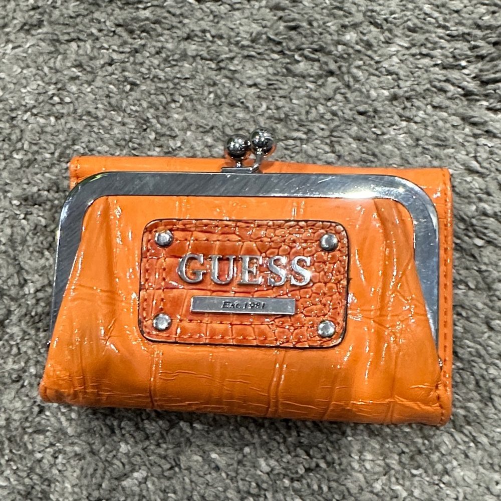 GUESS Orange Croc-Embossed Kiss-Lock Coin Wallet